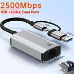 USB Type-C to RJ45 Gigabit Ethernet Adapter 2.5G Network Card Dual Interface USB 3.0 Compatible with Windows/MacOS/Linux