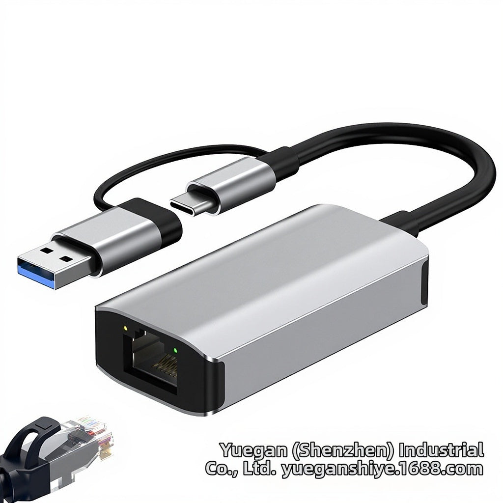 USB Type-C to RJ45 Gigabit Ethernet Adapter 2.5G Network Card Dual Interface USB 3.0 Compatible with Windows/MacOS/Linux