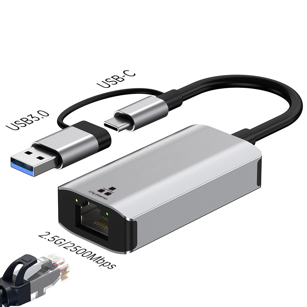 USB Type-C to RJ45 Gigabit Ethernet Adapter 2.5G Network Card Dual Interface USB 3.0 Compatible with Windows/MacOS/Linux