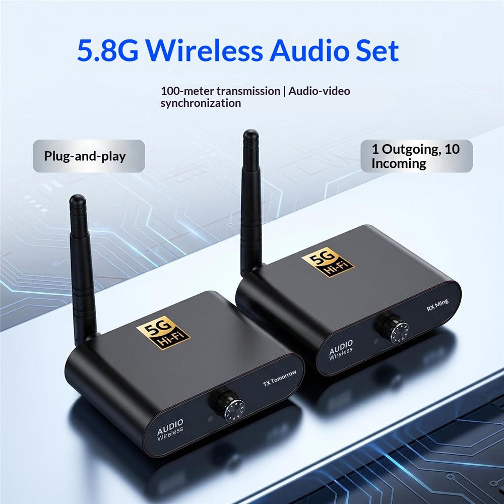 AU5810 5.8G Wireless Audio Transmitter Receiver Set 100M Range 1TX to 10RX Hi-Fi AUX Adapter for Multi-Room