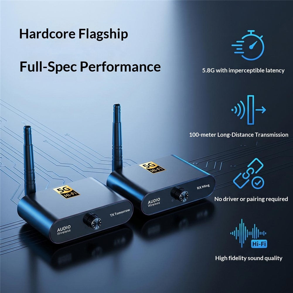 AU5810 5.8G Wireless Audio Transmitter Receiver Set 100M Range 1TX to 10RX Hi-Fi AUX Adapter for Multi-Room