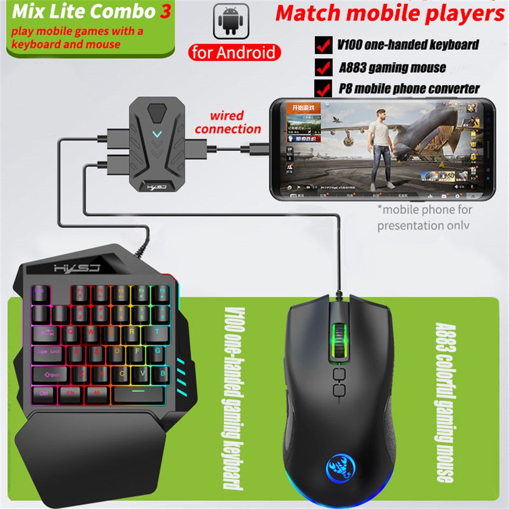 HXSJ A883 Kablet RGB Gaming Mus + V100 Gaming Tastatur med 35 Taster til Én Hånd + P8 Bærbar Tastatur-Mus-Konverter til Android