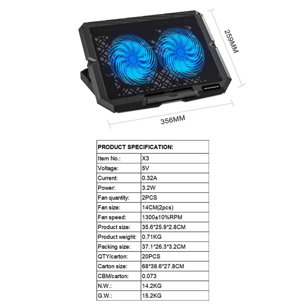 X3 Laptop Cooling Pad 7 Speed Adjustable Silent Fan Stand With Dual 14CM Fans USB Powered Height Adjustable