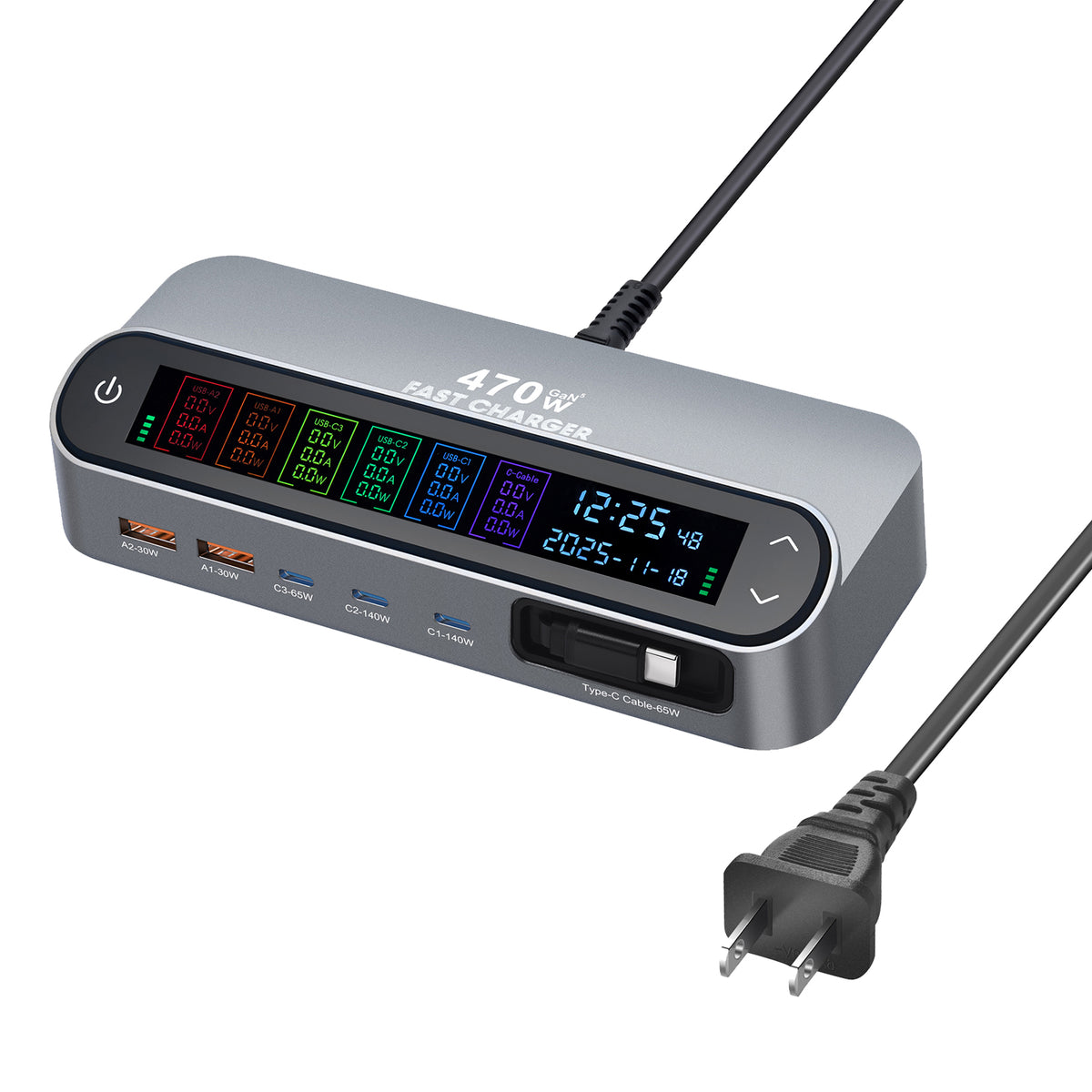 PD 3.1 140W GaN Desktop Charger Digital Display Multi-port Charging Station with Retractable Type-C Cable