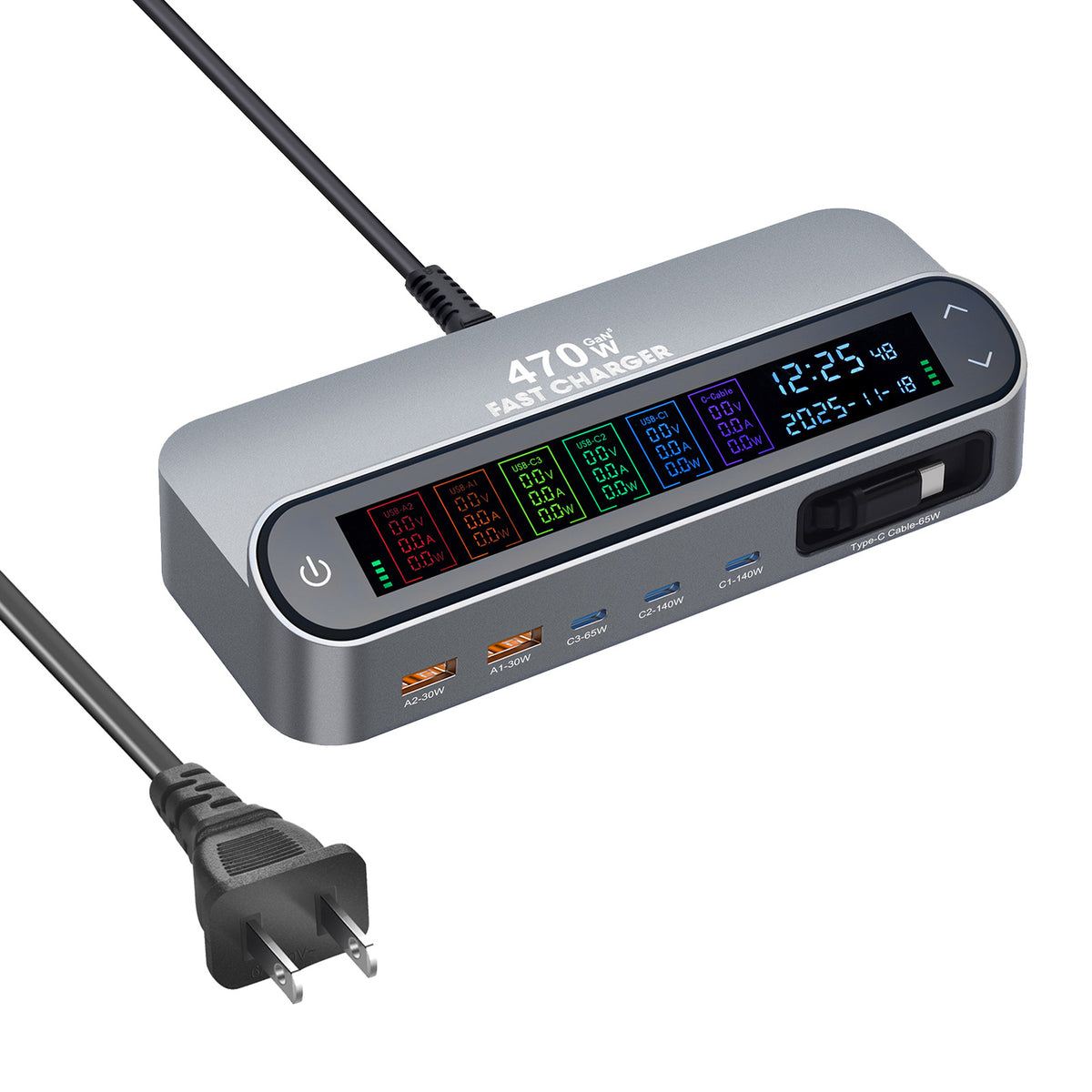 PD 3.1 140W GaN Desktop Charger Digital Display Multi-port Charging Station with Retractable Type-C Cable