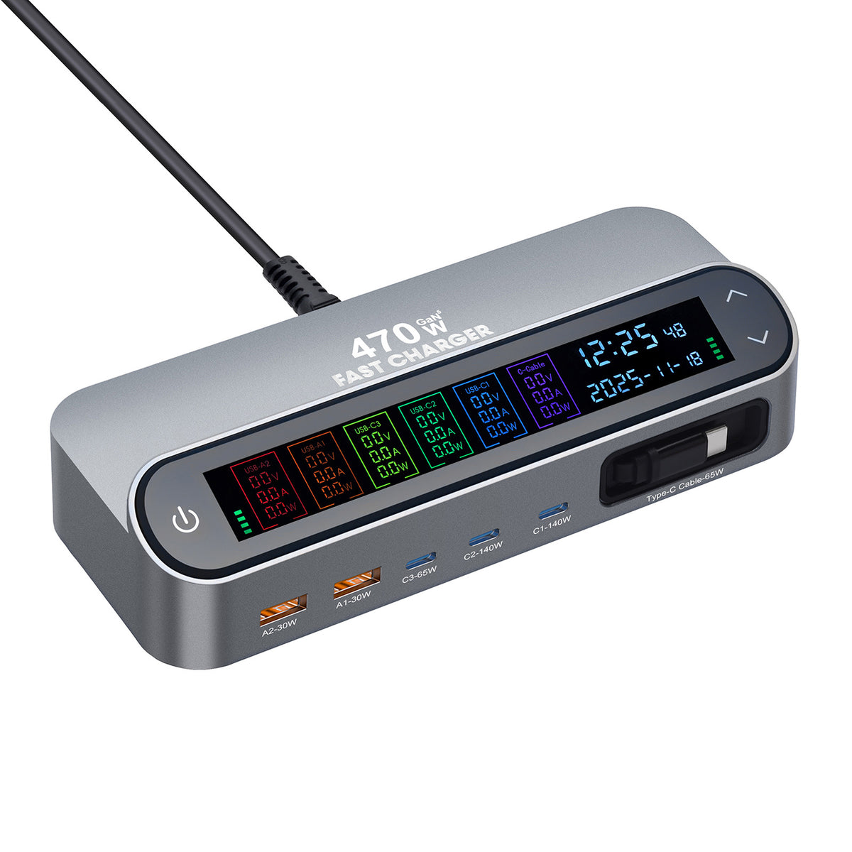 PD 3.1 140W GaN Desktop Charger Digital Display Multi-port Charging Station with Retractable Type-C Cable
