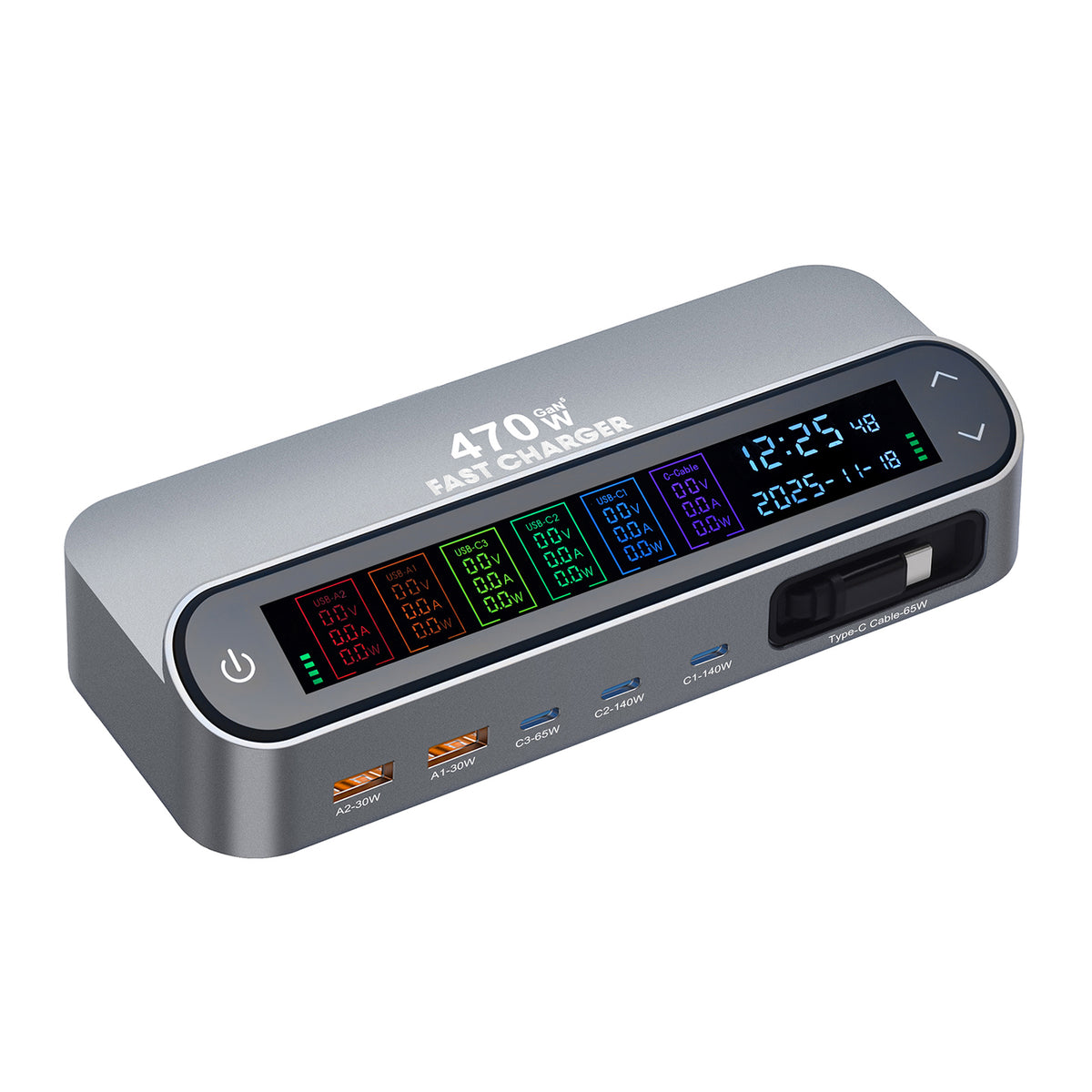 PD 3.1 140W GaN Desktop Charger Digital Display Multi-port Charging Station with Retractable Type-C Cable