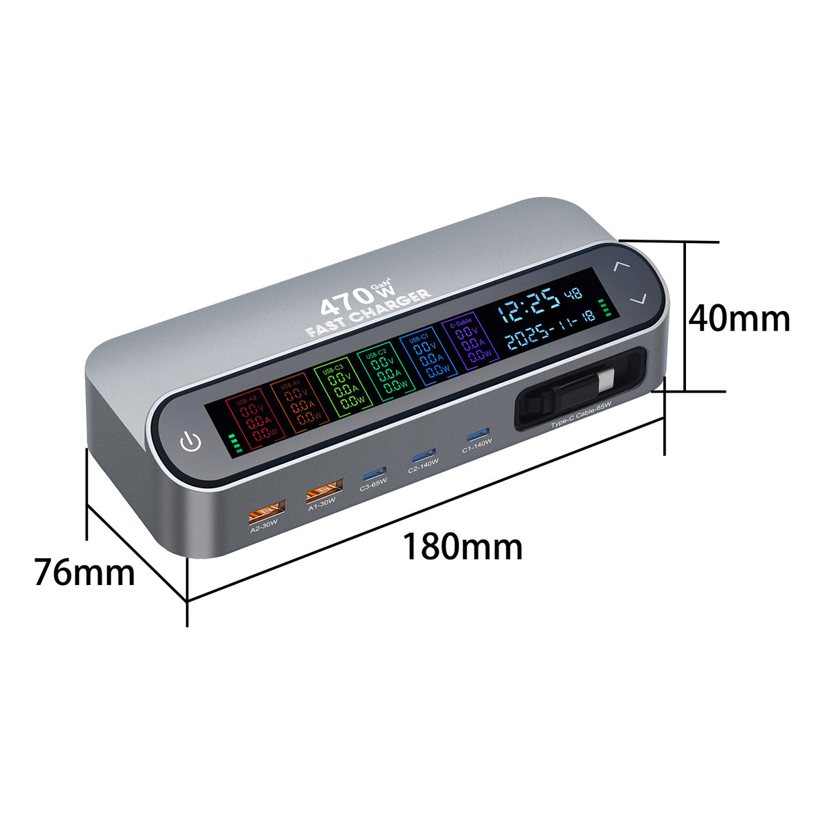 PD 3.1 140W GaN Desktop Charger Digital Display Multi-port Charging Station with Retractable Type-C Cable