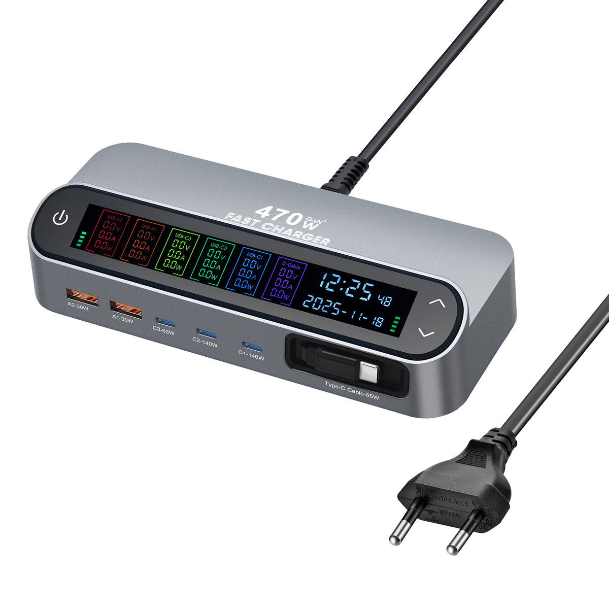 PD 3.1 140W GaN Desktop Charger Digital Display Multi-port Charging Station with Retractable Type-C Cable