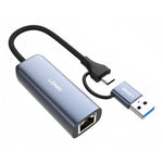 LDNIO RJ-01UC USB-A + USB-C til RJ45 Gigabit Ethernet Adapter Dobbeltport Kabelbaseret Netværkskonverter til Bærbar og Stationær Computer