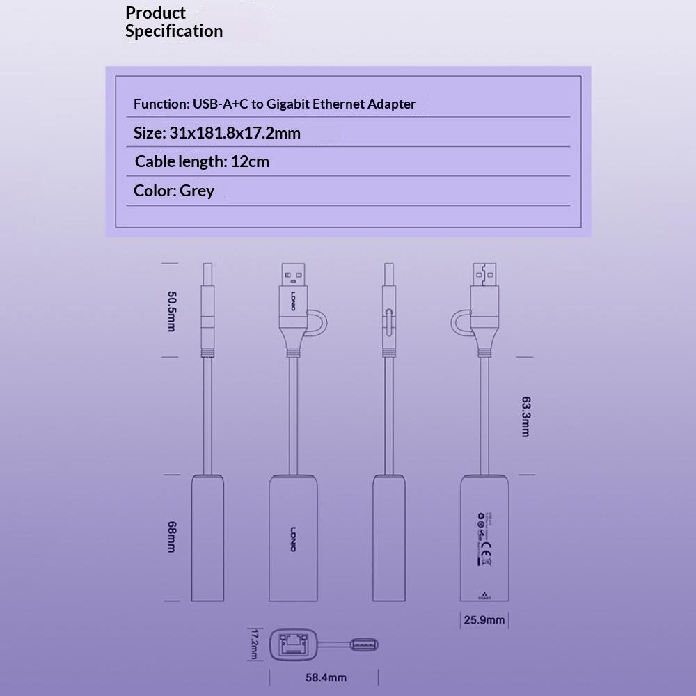 LDNIO RJ-01UC USB-A + USB-C til RJ45 Gigabit Ethernet Adapter Dobbeltport Kabelbaseret Netværkskonverter til Bærbar og Stationær Computer