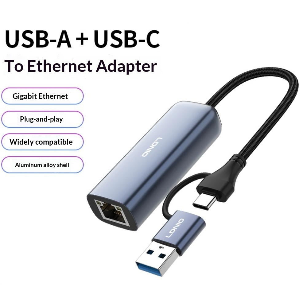 LDNIO RJ-01UC USB-A + USB-C til RJ45 Gigabit Ethernet Adapter Dobbeltport Kabelbaseret Netværkskonverter til Bærbar og Stationær Computer