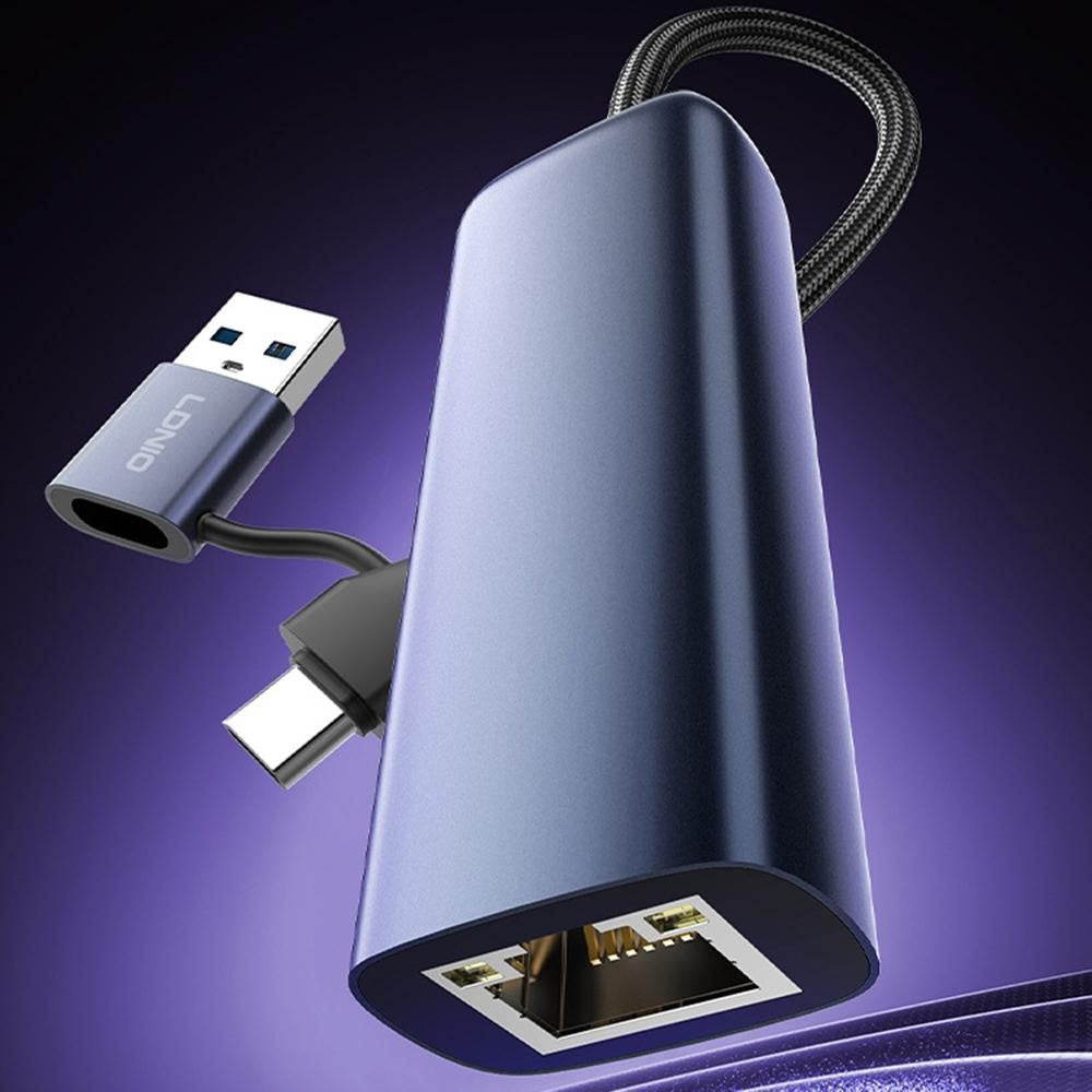 LDNIO RJ-01UC USB-A + USB-C til RJ45 Gigabit Ethernet Adapter Dobbeltport Kabelbaseret Netværkskonverter til Bærbar og Stationær Computer