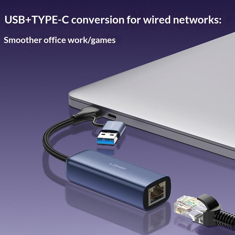 LDNIO RJ-01UC USB-A + USB-C til RJ45 Gigabit Ethernet Adapter Dobbeltport Kabelbaseret Netværkskonverter til Bærbar og Stationær Computer