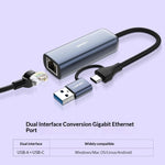 LDNIO RJ-01UC USB-A + USB-C til RJ45 Gigabit Ethernet Adapter Dobbeltport Kabelbaseret Netværkskonverter til Bærbar og Stationær Computer