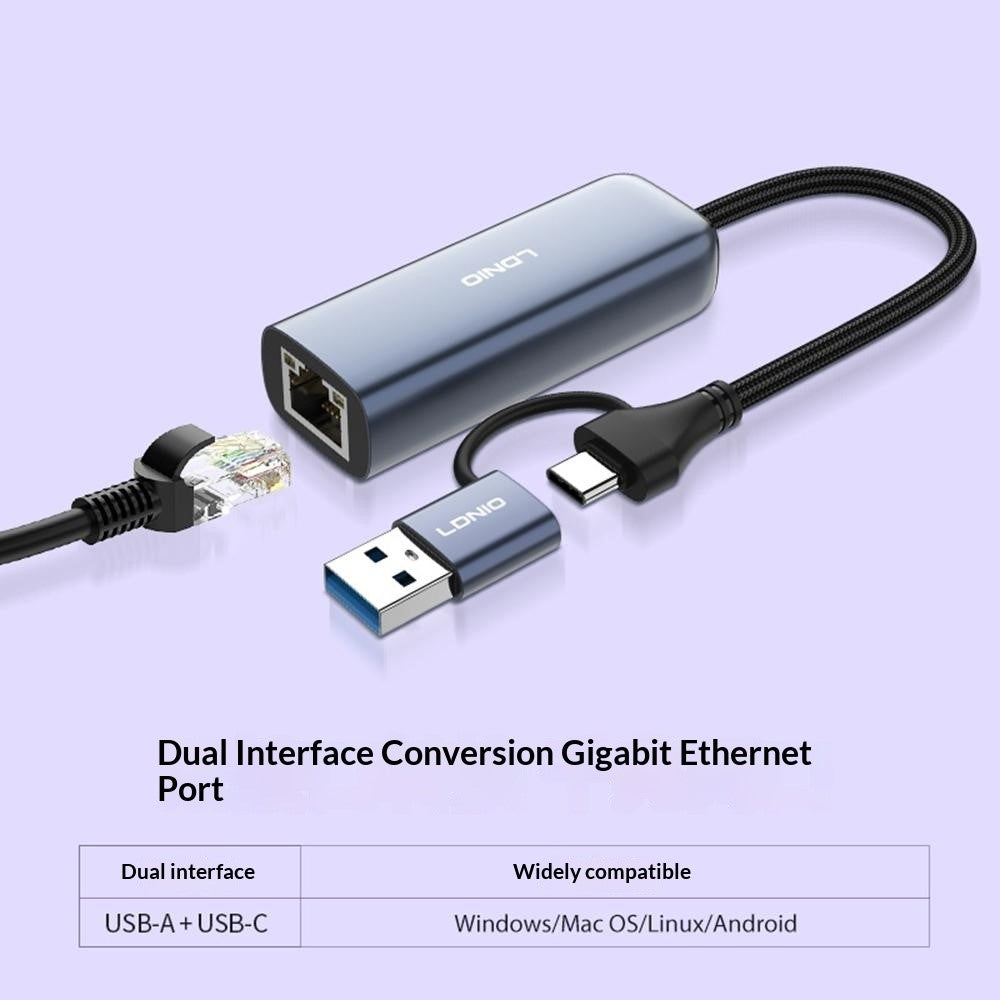 LDNIO RJ-01UC USB-A + USB-C til RJ45 Gigabit Ethernet Adapter Dobbeltport Kabelbaseret Netværkskonverter til Bærbar og Stationær Computer