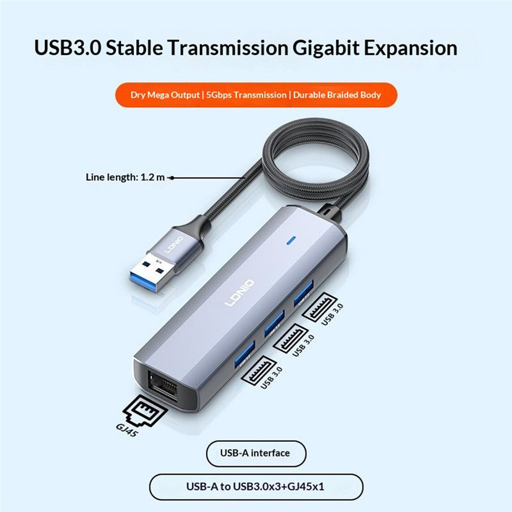 LDNIO DS-124U-1.2M USB-A to RJ45 + 3xUSB3.0 Hub with 1.2m Cable Gigabit Ethernet Adapter 4-in-1 Docking Station for Laptop PC