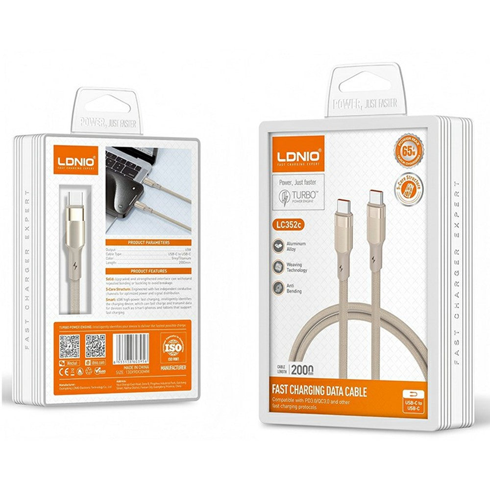 LDNIO LC352C 2m USB-C to USB-C Braided Cable 65W PD Fast Charging Data Cable with Reinforced Metal Connector for Laptop Phone
