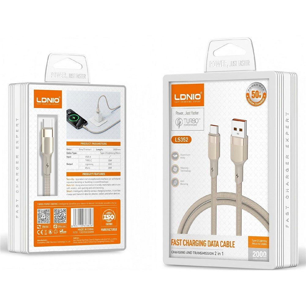 LDNIO LS352-M 1m USB-A til Micro-USB-kabel 50W Hurtigopladende Flettet Datakabel med Forstærket Metalkonnektor
