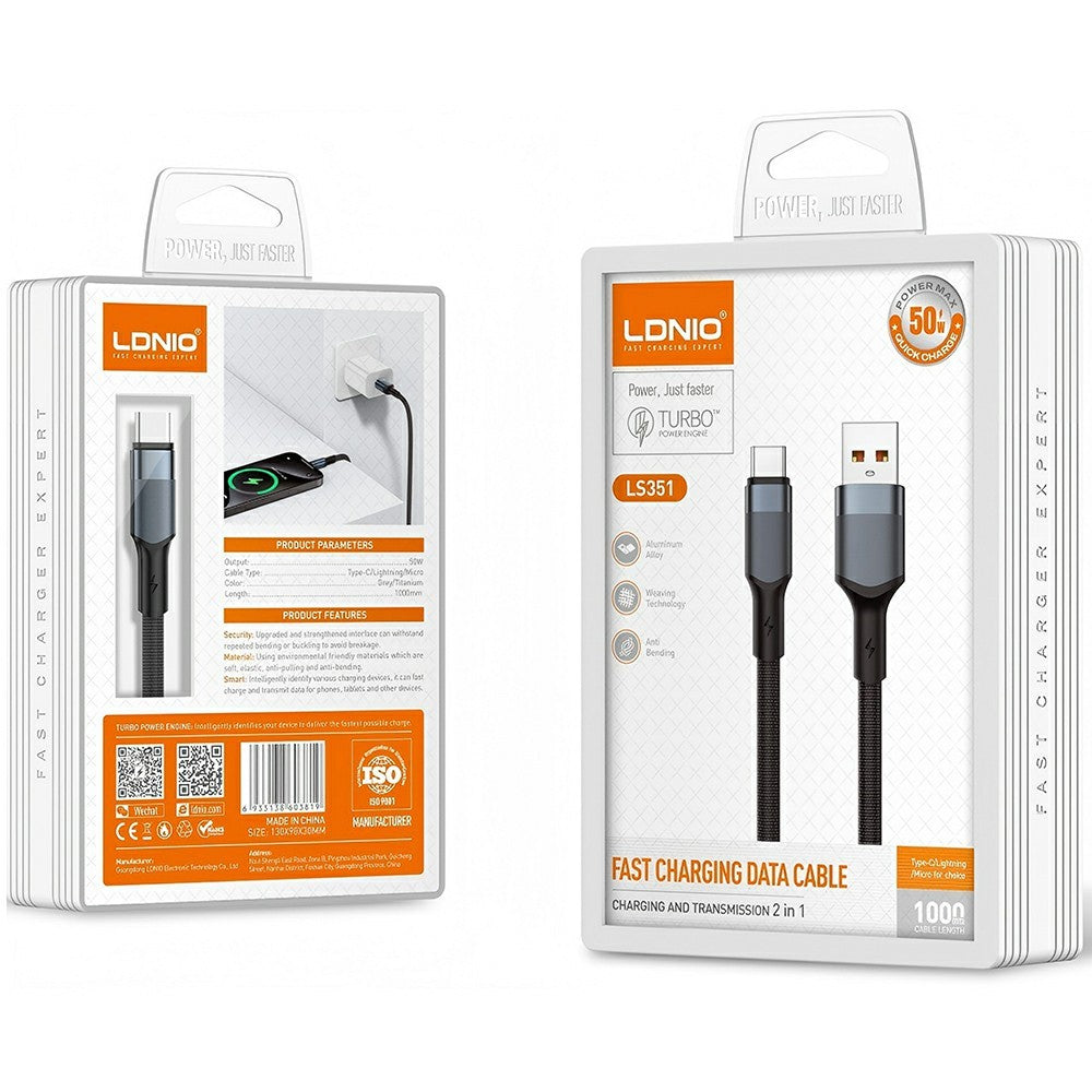 LDNIO LS351-C 1m USB-A to Type-C Cable 50W Fast Charging Reinforced Metal Connector Braided Date Cable