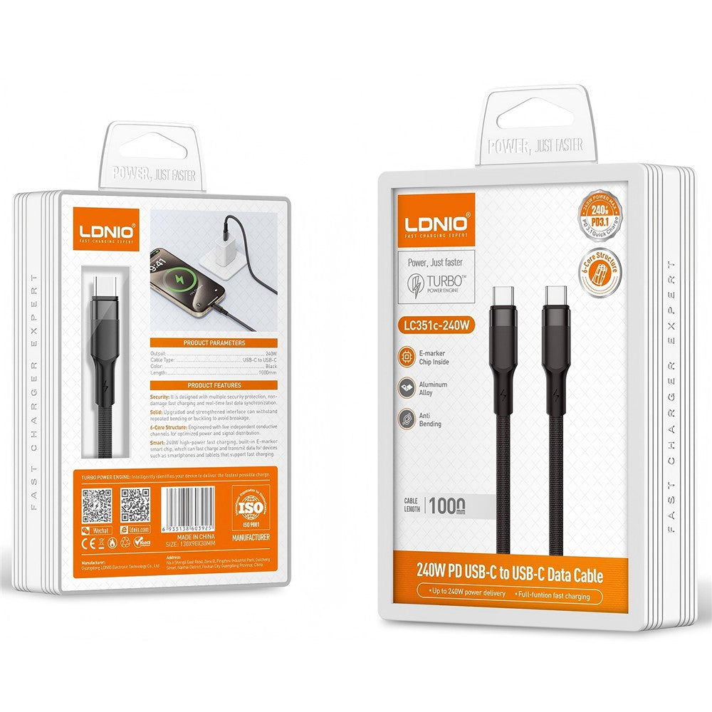 LDNIO LC351c 1m USB-C til USB-C kabel 240W PD hurtigopladende flettet datakabel til bærbar computer, telefon
