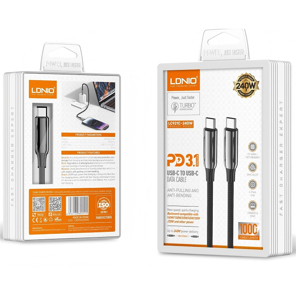 LDNIO LC921c-240W 1m USB-C to USB-C Cable 240W PD3.1 Fast Charging Braided Data Cable for Laptop Phone