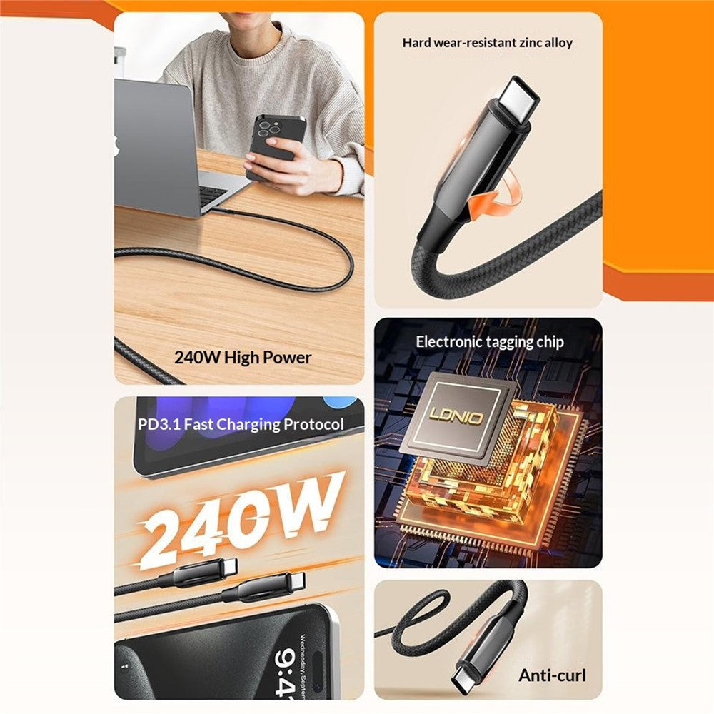 LDNIO LC921c-240W 2m USB-C til USB-C Kabel 240W PD3.1 Hurtigopladende Flettet Datakabel til Bærbar Telefon