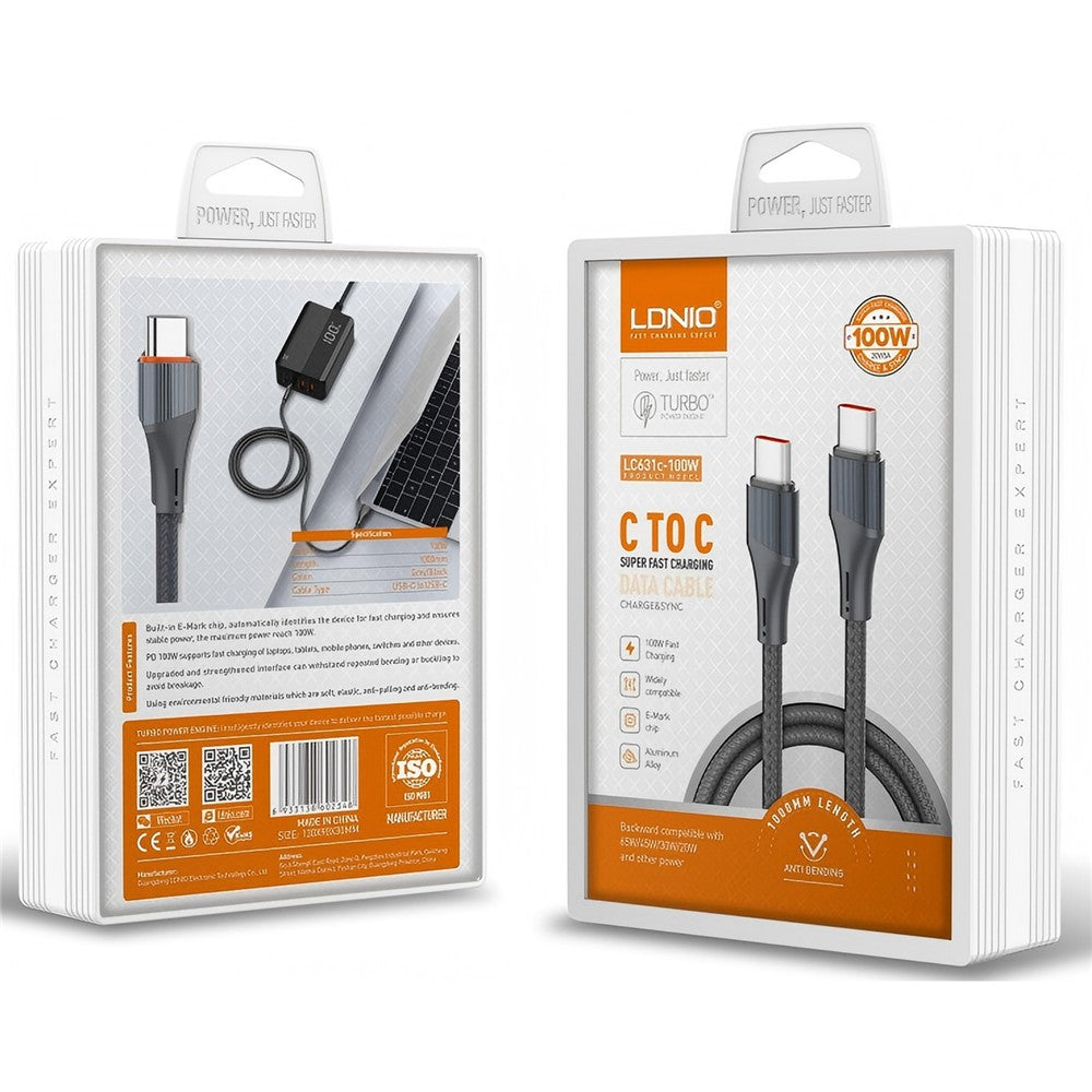 LDNIO LC631c-100W 1m USB-C to USB-C Cable 100W PD Fast Charging Braided Data Cable for Laptop Phone - Grey
