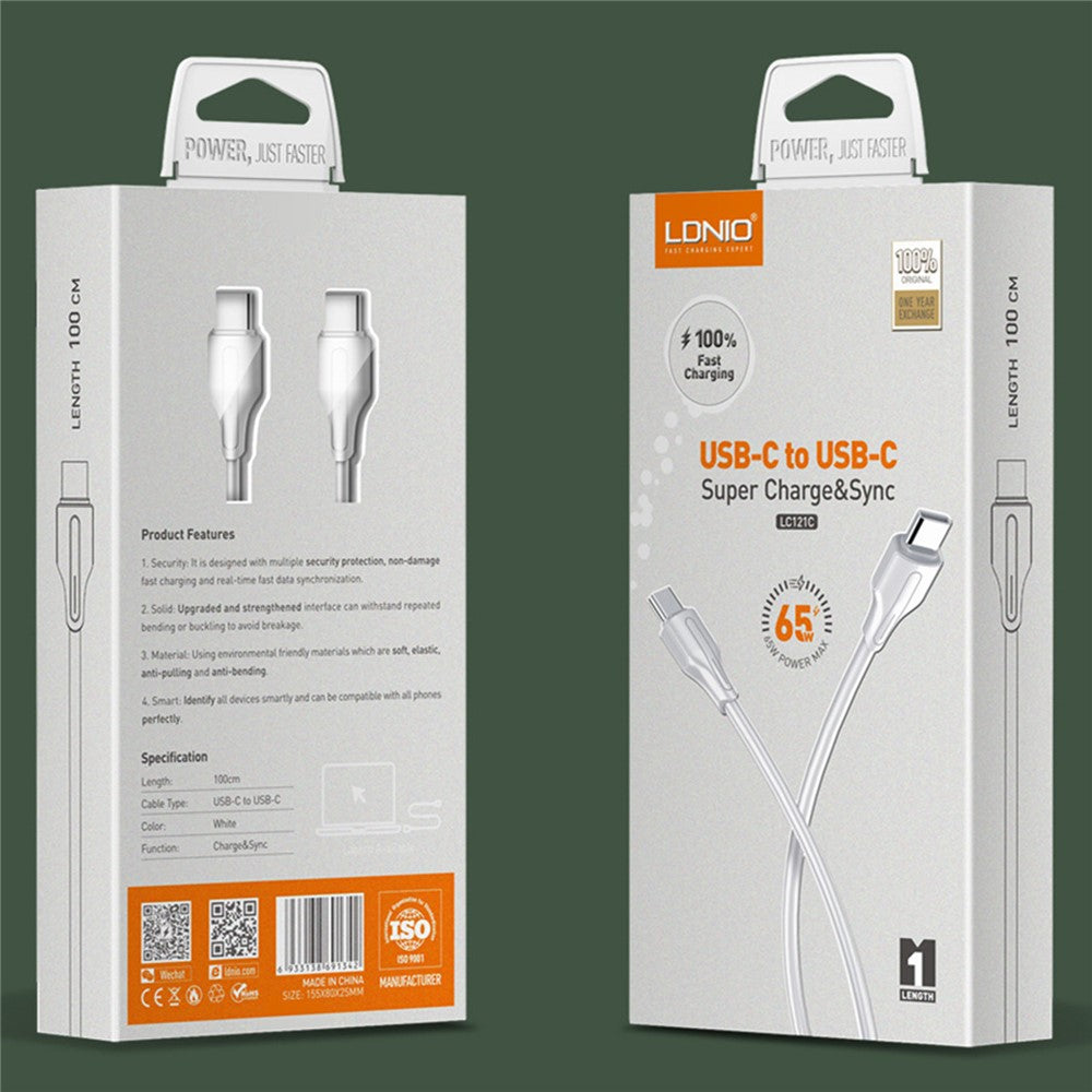 LDNIO LC122-C 2m USB-C to USB-C Cable 65W PD  /  QC Fast Charging Data Cord for Huawei Xiaomi Honor