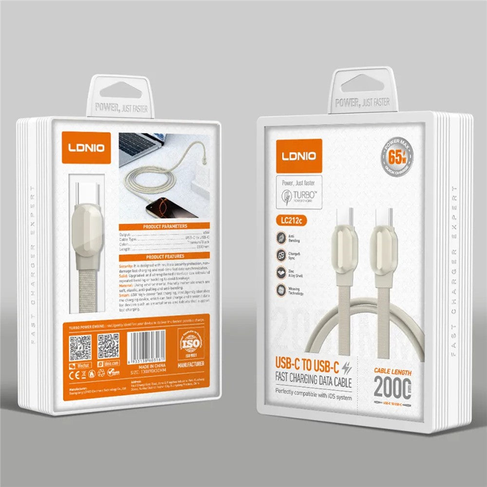 LDNIO LC212C 2m USB-C to USB-C Cable PD 65W Fast Charging Braided Data Cable for Laptop Tablet Phone