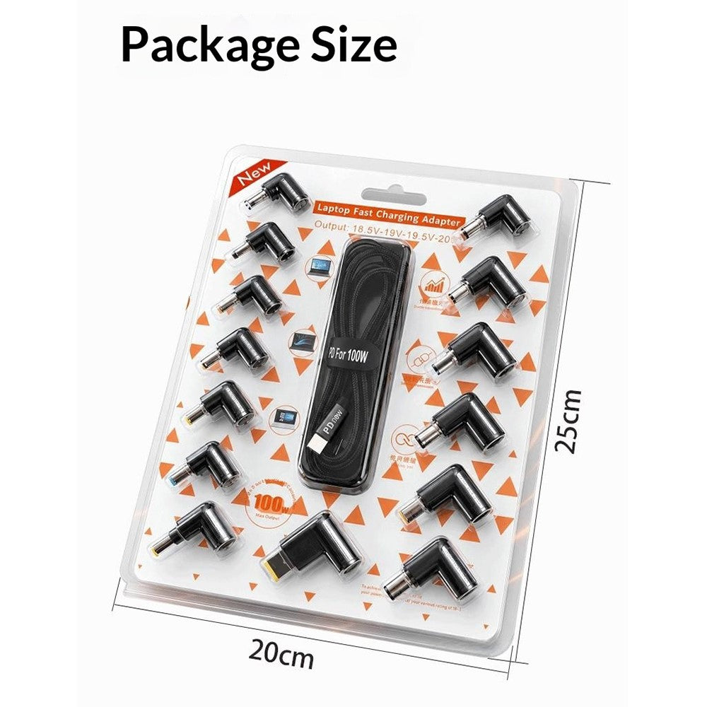 100W PD Fast Charging Cable Kit USB-C to DC Adapter Cable with 14Pcs DC Adapters for Laptop