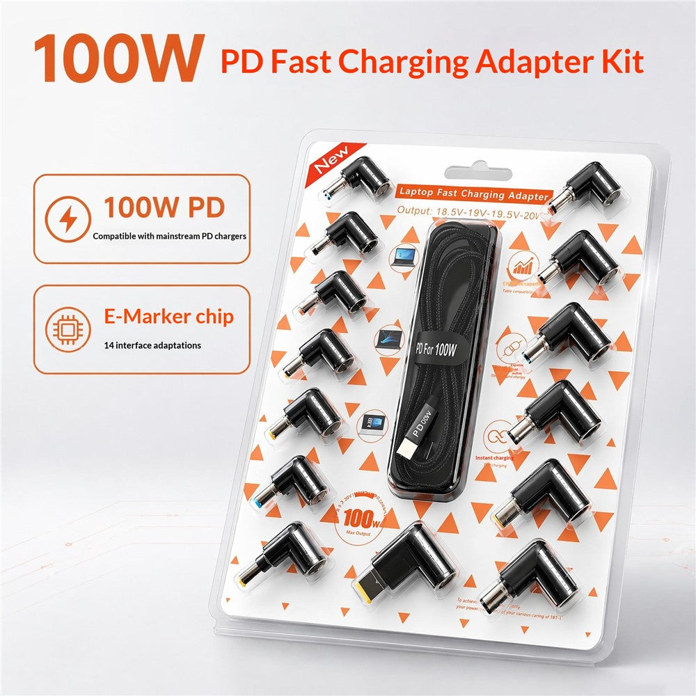 100W PD Fast Charging Cable Kit USB-C to DC Adapter Cable with 14Pcs DC Adapters for Laptop