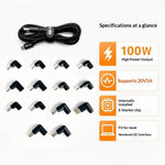 100W PD Fast Charging Cable Kit USB-C to DC Adapter Cable with 14Pcs DC Adapters for Laptop