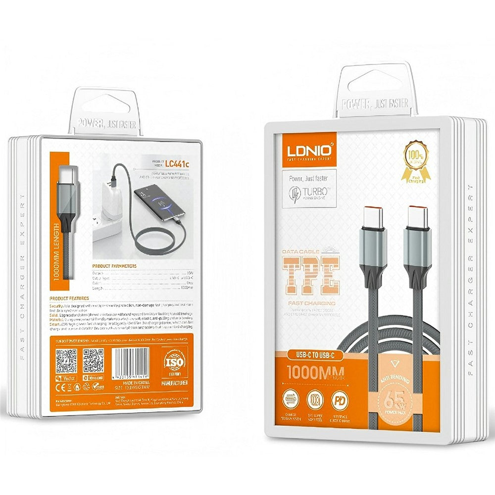LDNIO LC441C 1m USB-C til USB-C Kabel 65W PD Hurtigopladning Flettet Datakabel til iPhone 15-serien