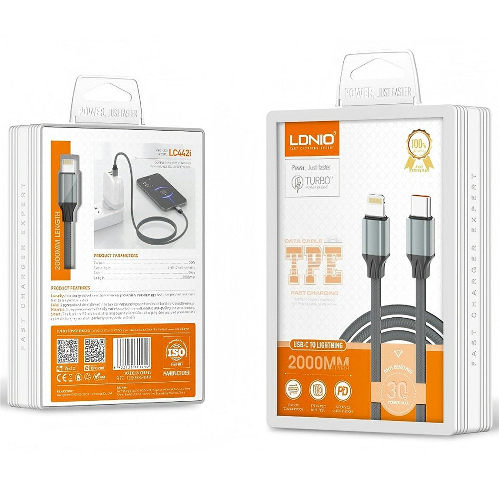 LDNIO LC442i 2m Type-C to Lightning Cable 30W PD Fast Charging Braided Data Cable for iPhone iPad