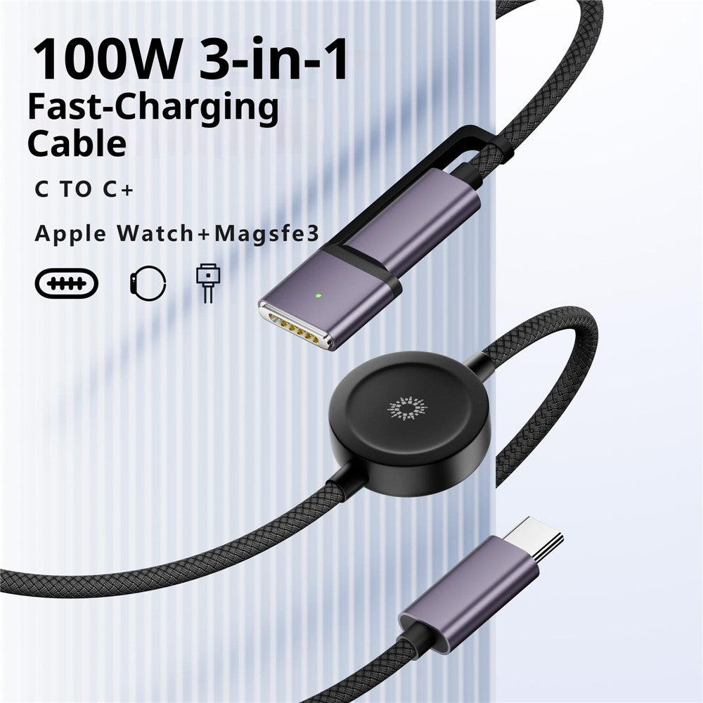 CWAP3-100W 3-i-1 PD 100W hurtigopladningskabel USB-C til USB-C-ledning kompatibel med MagSafe 3 / iWatch
