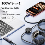 CWAP3-100W 3-i-1 PD 100W hurtigopladningskabel USB-C til USB-C-ledning kompatibel med MagSafe 3 / iWatch