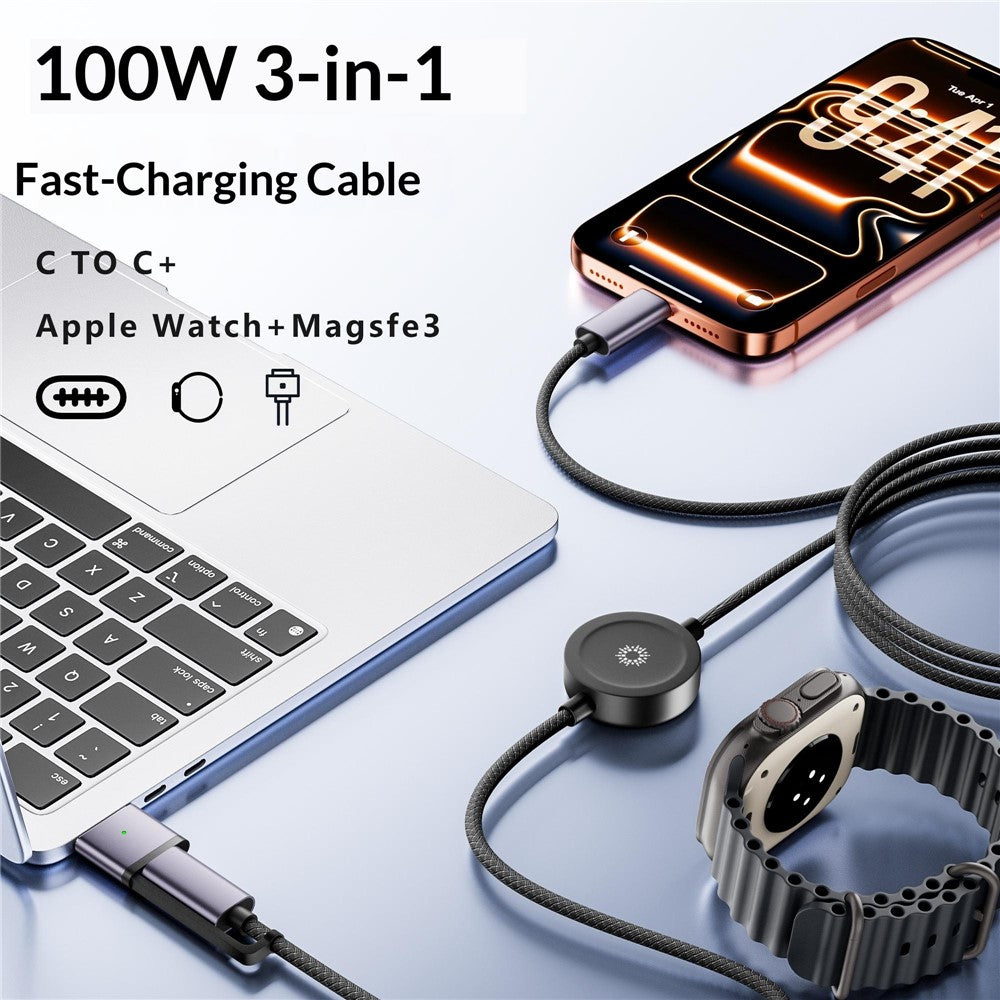 CWAP3-100W 3-i-1 PD 100W hurtigopladningskabel USB-C til USB-C-ledning kompatibel med MagSafe 3 / iWatch