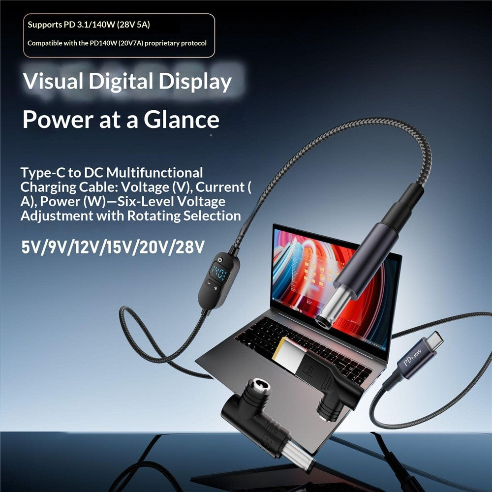 K595-7 1.5m Type-C to DC Power Cable PD 140W Digital Display Charging Cable with 7 Adapters for Laptop