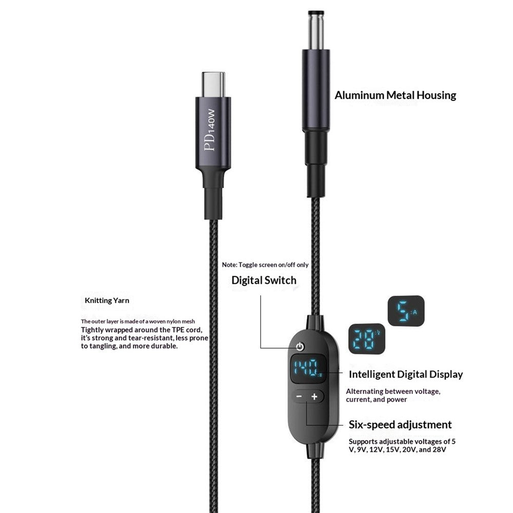 K595-7 1.5m Type-C to DC Power Cable PD 140W Digital Display Charging Cable with 7 Adapters for Laptop