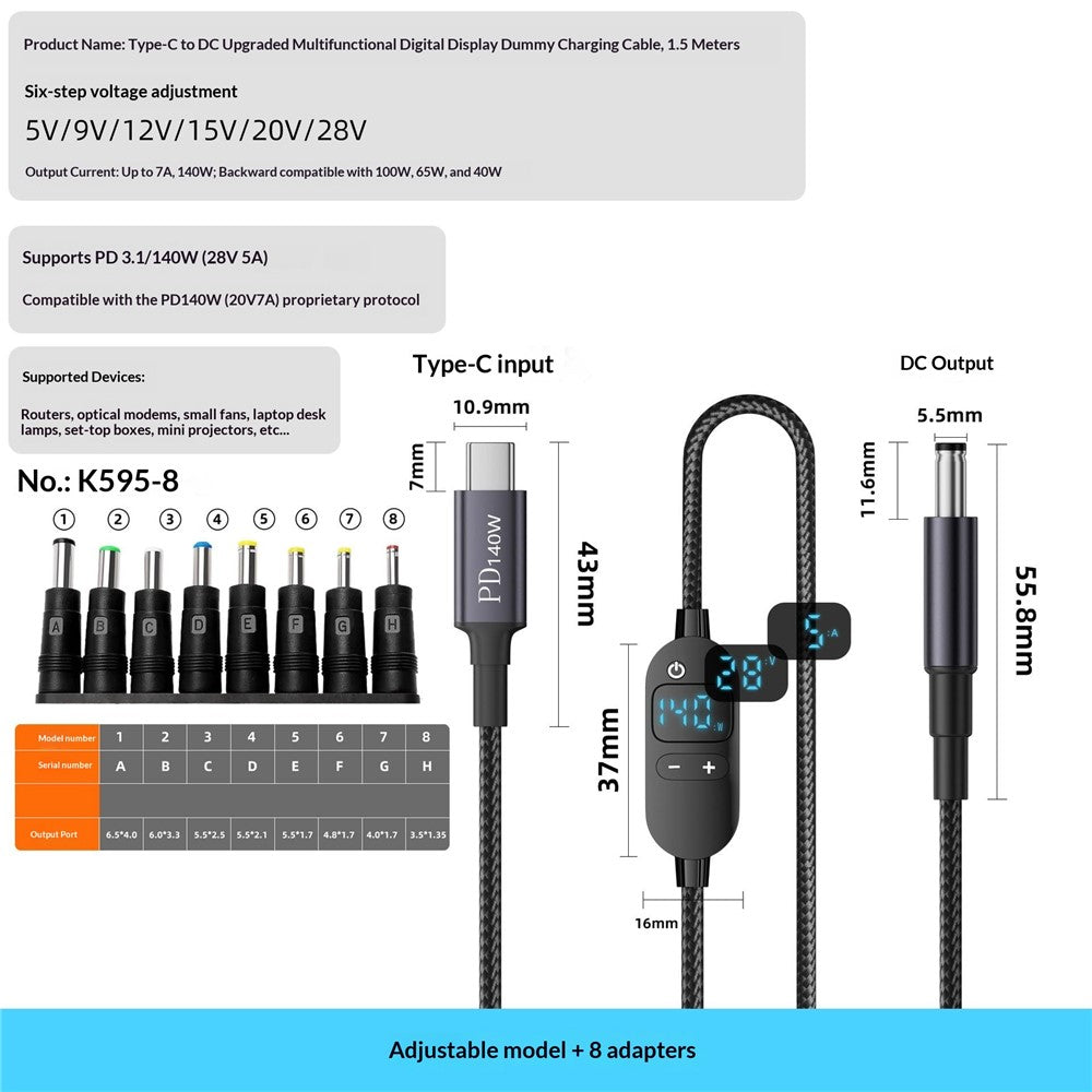 K595-8 1.5m Type-C to DC Power Cable with 8 Adapters , PD 140W Charging Cable for Laptop