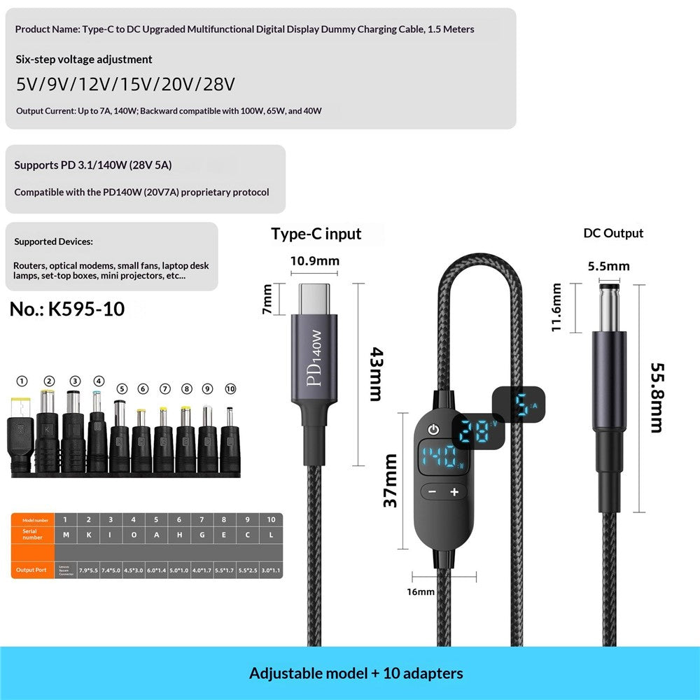 K595-10 1.5m Type-C to DC Power Cable with 10 Adapters , PD 140W Digital Display Charging Cable