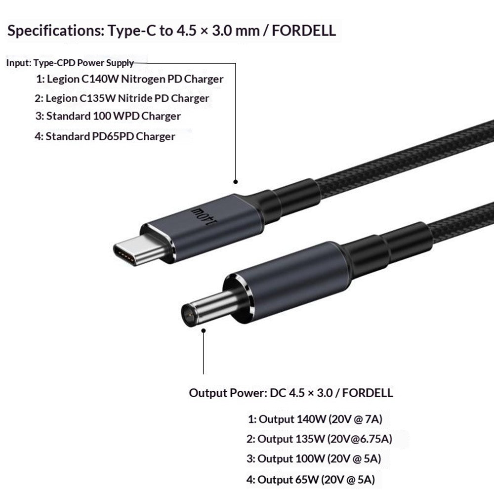 K696-2 1.8m Cable for Dell Laptop Type-C to 4.5 x 3.0mm DC Adapter Cable 140W PD Fast Charging Converter