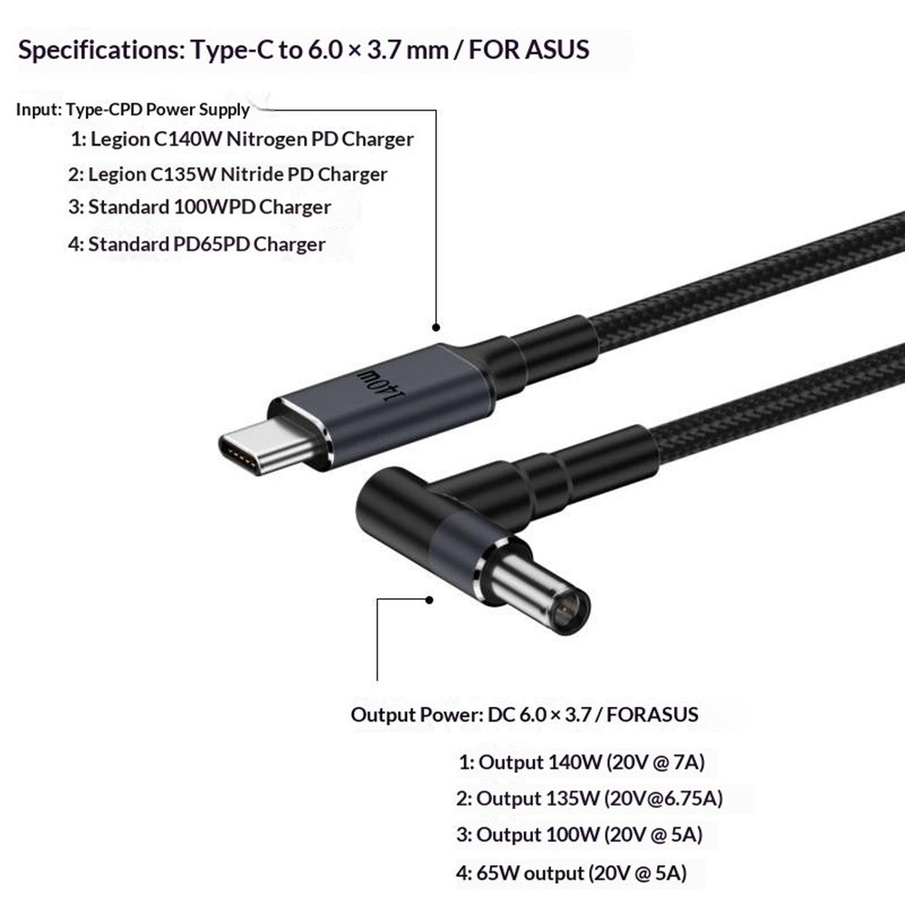 K696-6 1.8m Type-C Male to Right Angle DC 6.0 x 3.7mm Adapter Cable 140W PD Fast Charging Converter for Laptop