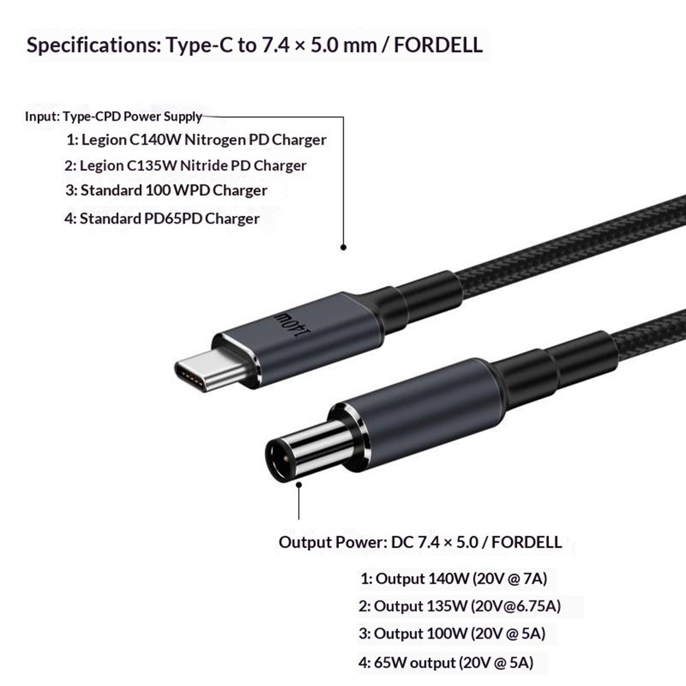K696-8 1.8m Cable for Dell Laptop Type-C Male to 7.4 x 5.0mm DC Adapter Cable 140W PD Fast Charging Converter