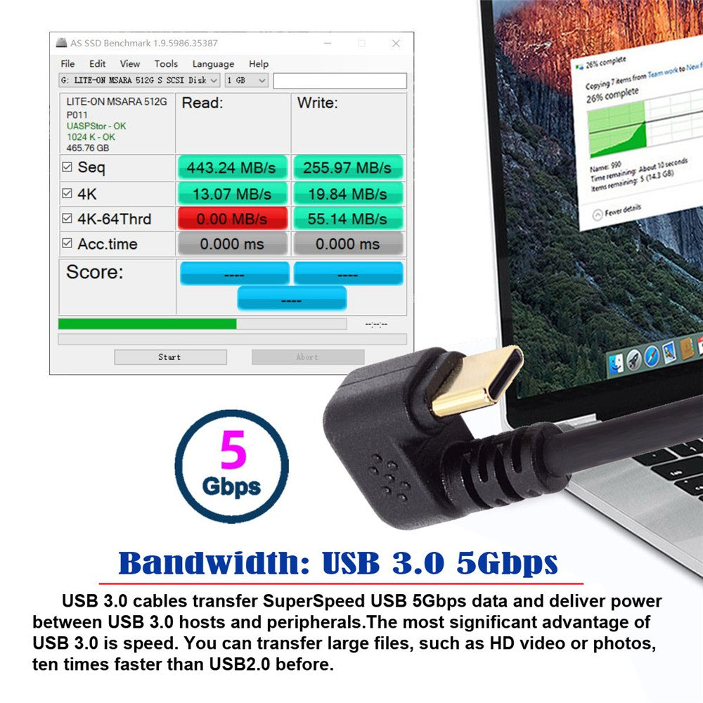 UC-101-DN 0,3 m USB3.0 Type-A til USB-C strøm-/datakabel 90-graders nedadvendt modsat U-form