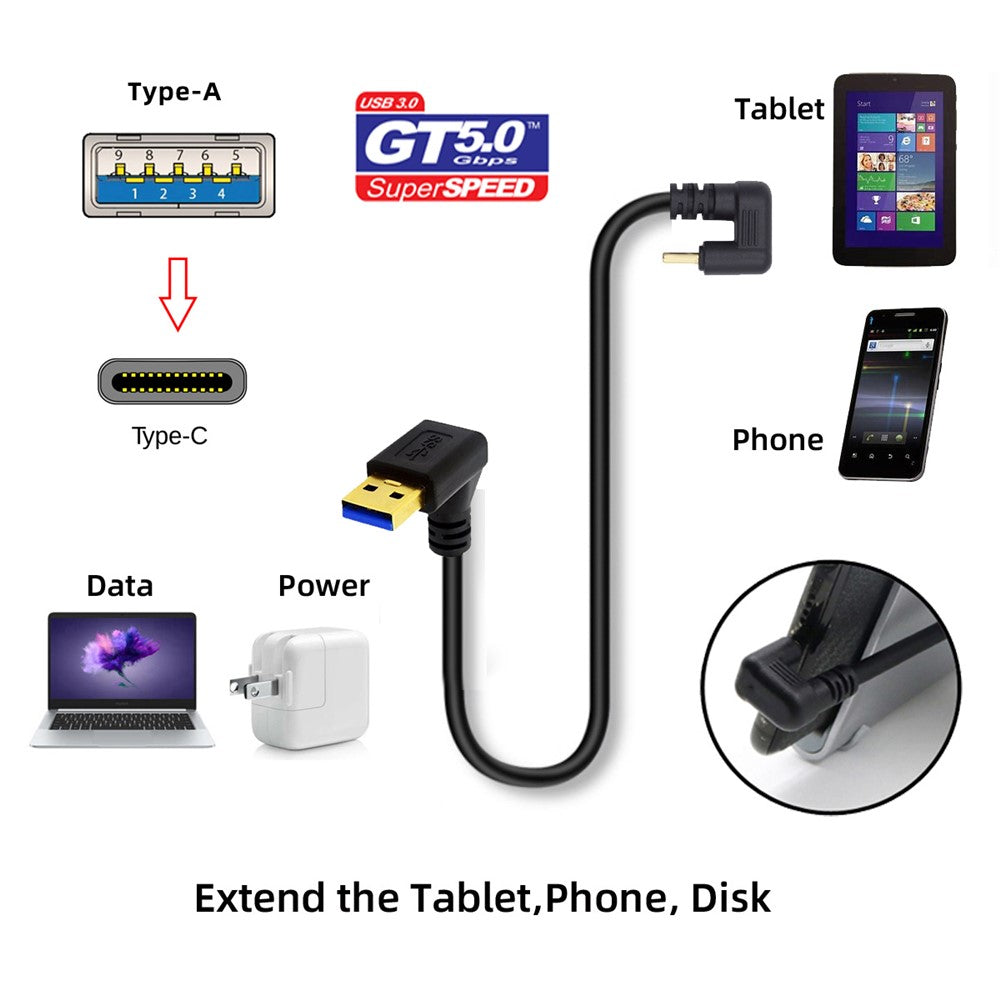 UC-101-DN 0,3 m USB3.0 Type-A til USB-C strøm-/datakabel 90-graders nedadvendt modsat U-form