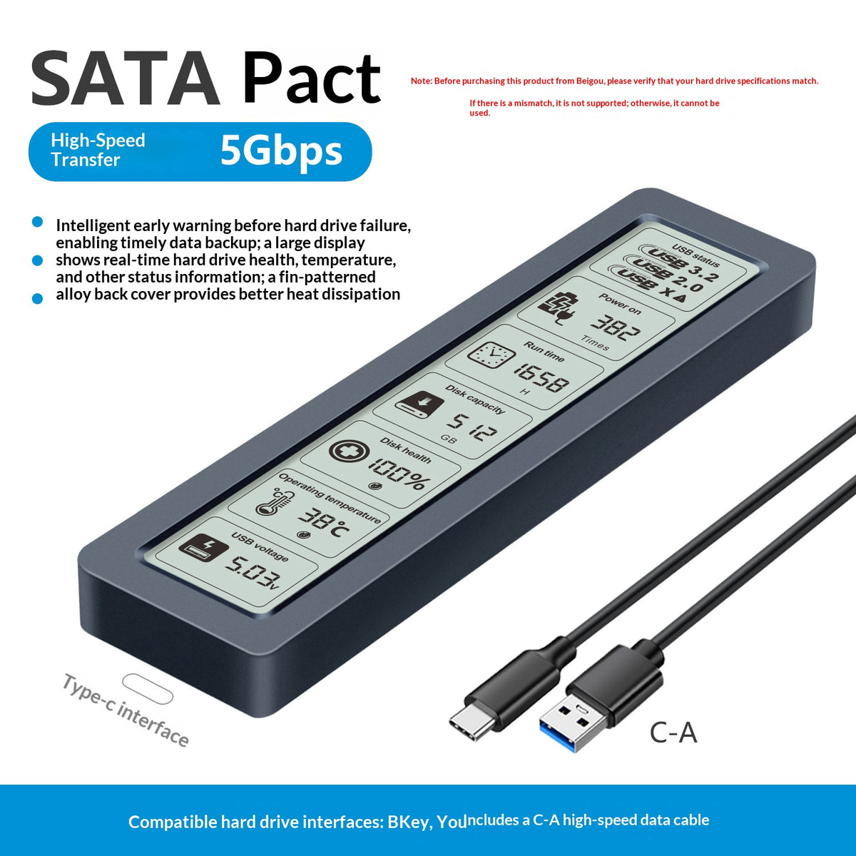 SHUOLE SL-TN26-P M.2 Smart Display SSD Enclosure USB 3.2 Type-C 5Gbps Aluminum Alloy Hard Drive Case for PC Laptop