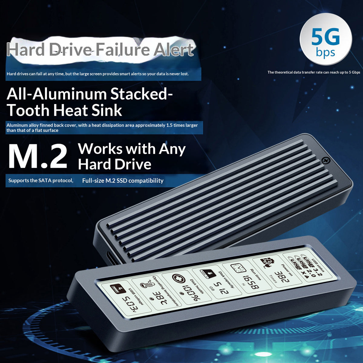 SHUOLE SL-TN26-P M.2 Smart Display SSD Enclosure USB 3.2 Type-C 5Gbps Aluminum Alloy Hard Drive Case for PC Laptop