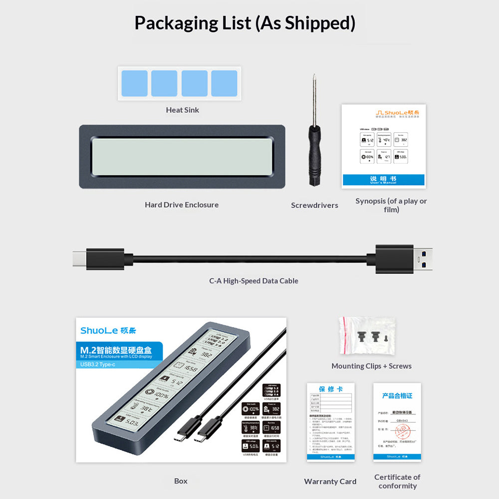 SHUOLE SL-TN26-P M.2 Smart Display SSD Enclosure USB 3.2 Type-C 5Gbps Aluminum Alloy Hard Drive Case for PC Laptop